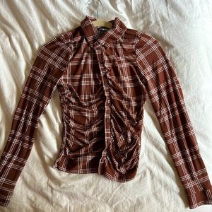 Fashion nova womens medium brown flannel fitted long sleeve top